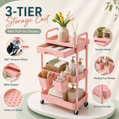 3-Tier Mobile Storage Cart with Pull-Out Drawer, Lockable Wheels, and Hanging Cups - Versatile Organizer for Kitchen, Bathroom, and Living Room