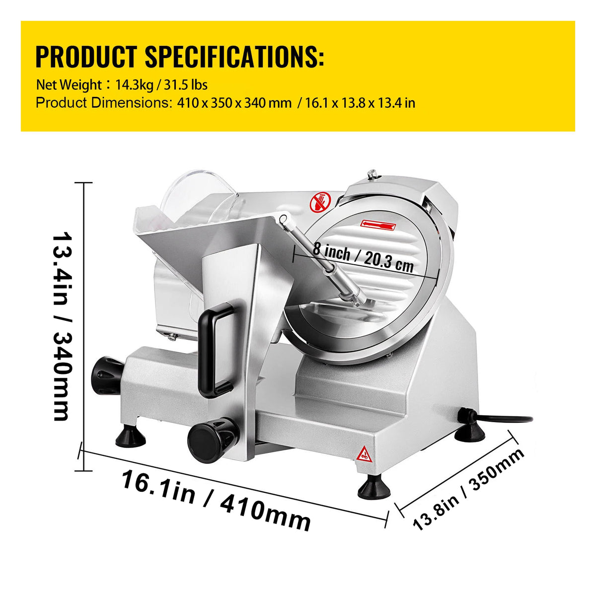 Succebuy Electric Deli Food Slicer with 8/10 Inch Carbon Steel Blade, Adjustable Thickness for Commercial and Home Use, Ideal for Meat and Cheese Cutting