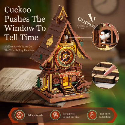 ROKR Wooden 3D Puzzle Cuckoo Clock Mechanical Model Building Kit 435 Pieces DIY Craft Kit with 2 Light for Home Decor Brain Teasers Jigsaw Toys for Adults Teens