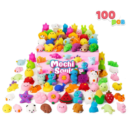 Joyfy 100-Piece Mini Animal and Fruit Mochi Squishies - Ideal Party Favors, Stress Relief, and Novelty Fidget Toys for Kids' Birthdays