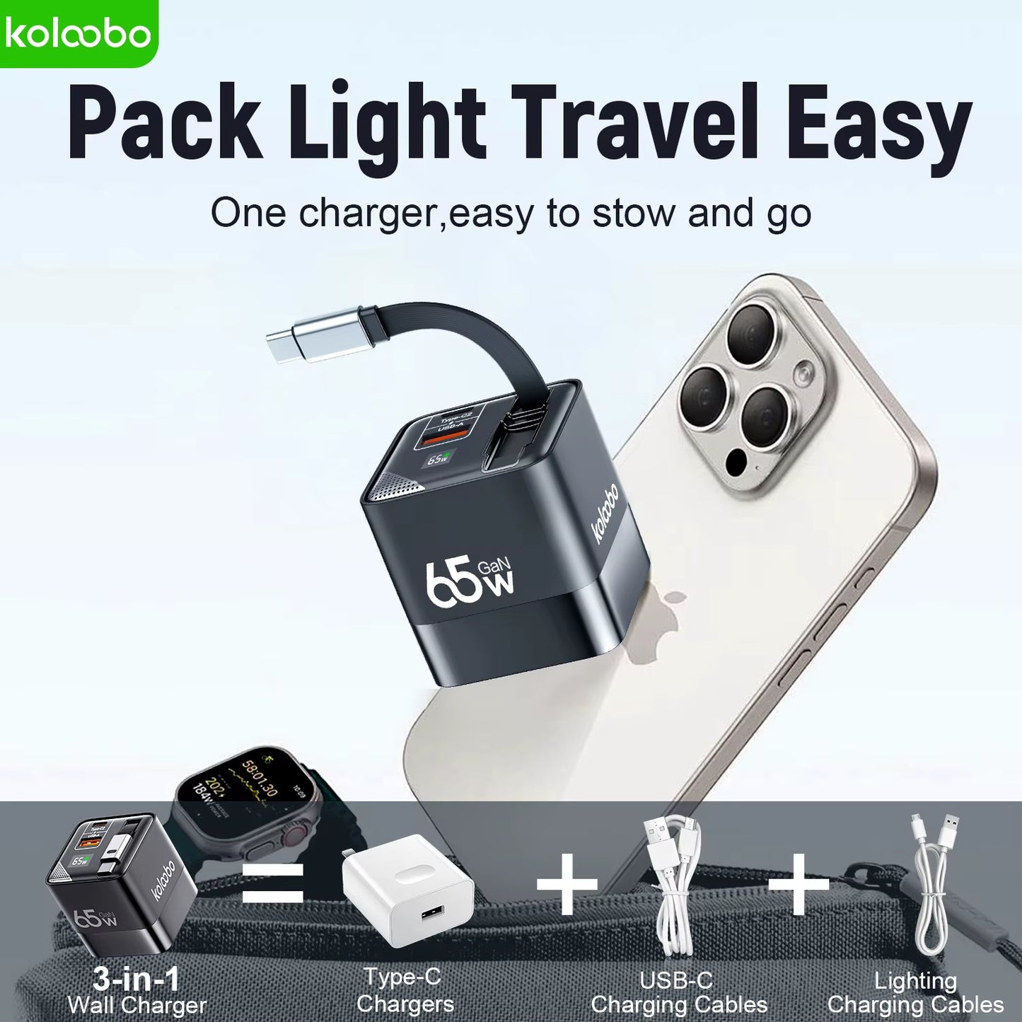 65W Gan Fast Charger Three-Port Charging Head Built-In 80Cm Retractable Typec Cable for Iphone16 15 14 13 Promax Xiaomi Samsung
