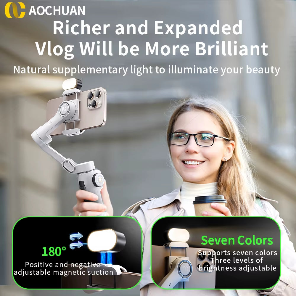 AOCHUAN Smart V8 3-Axis Handheld Gimbal Phone Stabilizer with Extension Rod Tripod Face Tracking for Iphone Android Tiktok Vlog