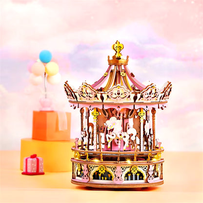 Robotime 3D Wooden Puzzle - 336-Piece Rotatable DIY Romantic Carousel Music Box Assembly Toy for Children and Adults (AMK62)