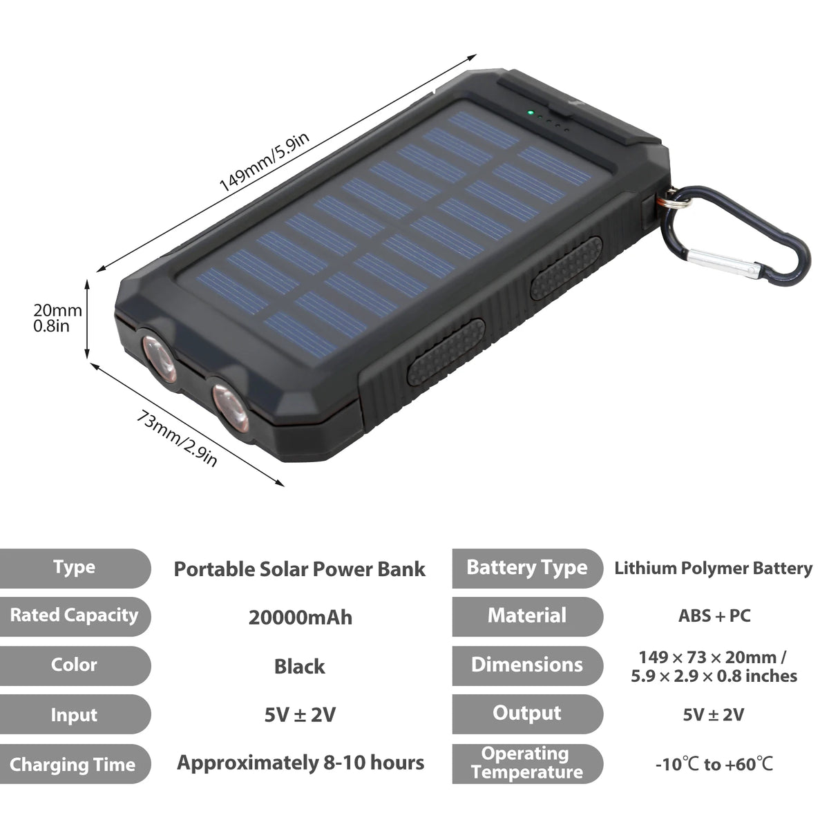 20000mAh Waterproof Solar Power Bank with Dual 5V USB Ports, LED Flashlight, and Compass for Outdoor Camping