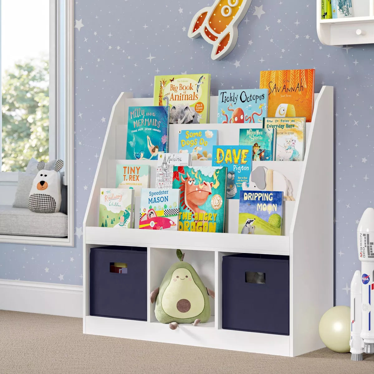 Children's Playroom Bookrack with Three Toy Organizer Cubbies and Four Bookshelves in White with Two Fabric Bins