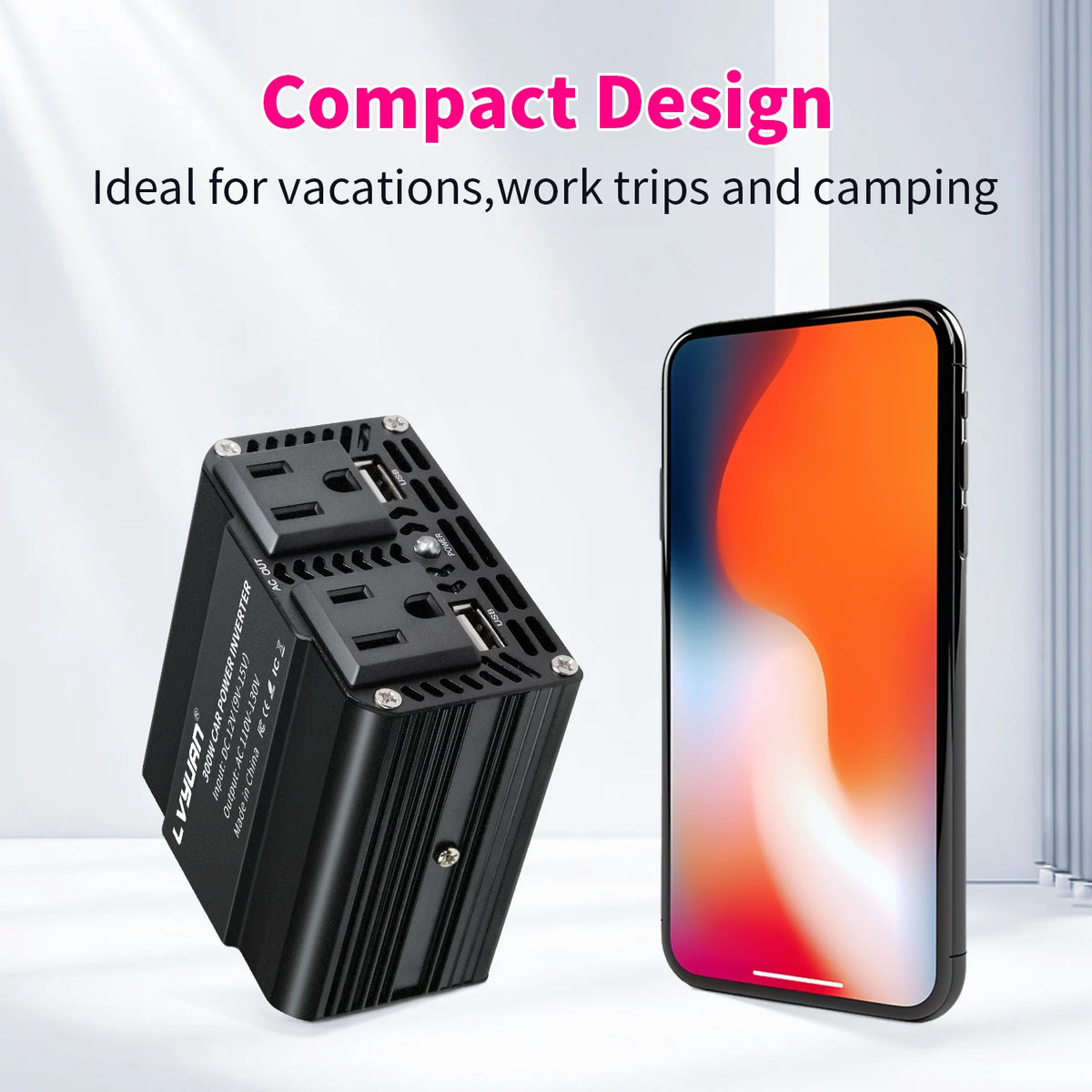 500W/300W Mini Portable Car Inverter DC12V to AC110V with USB 5V 3.1A Output and US Socket