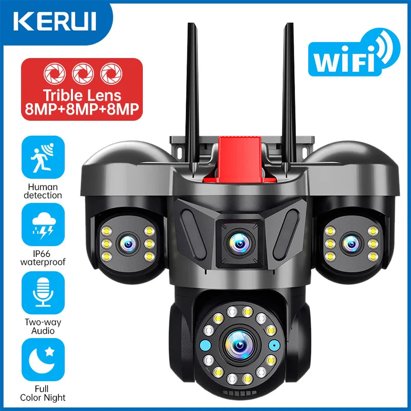 12K 24MP Outdoor Wifi Camera Triple Lens Home Security CCTV Video Surveillance System with Night Vision Triple Screens
