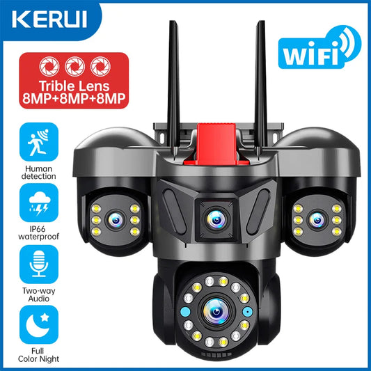 12K 24MP Outdoor Wifi Camera Triple Lens Home Security CCTV Video Surveillance System with Night Vision Triple Screens