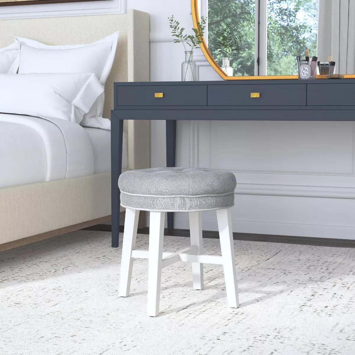 18" Sophia Tufted Backless Wood Vanity Stool - Linen Gray
