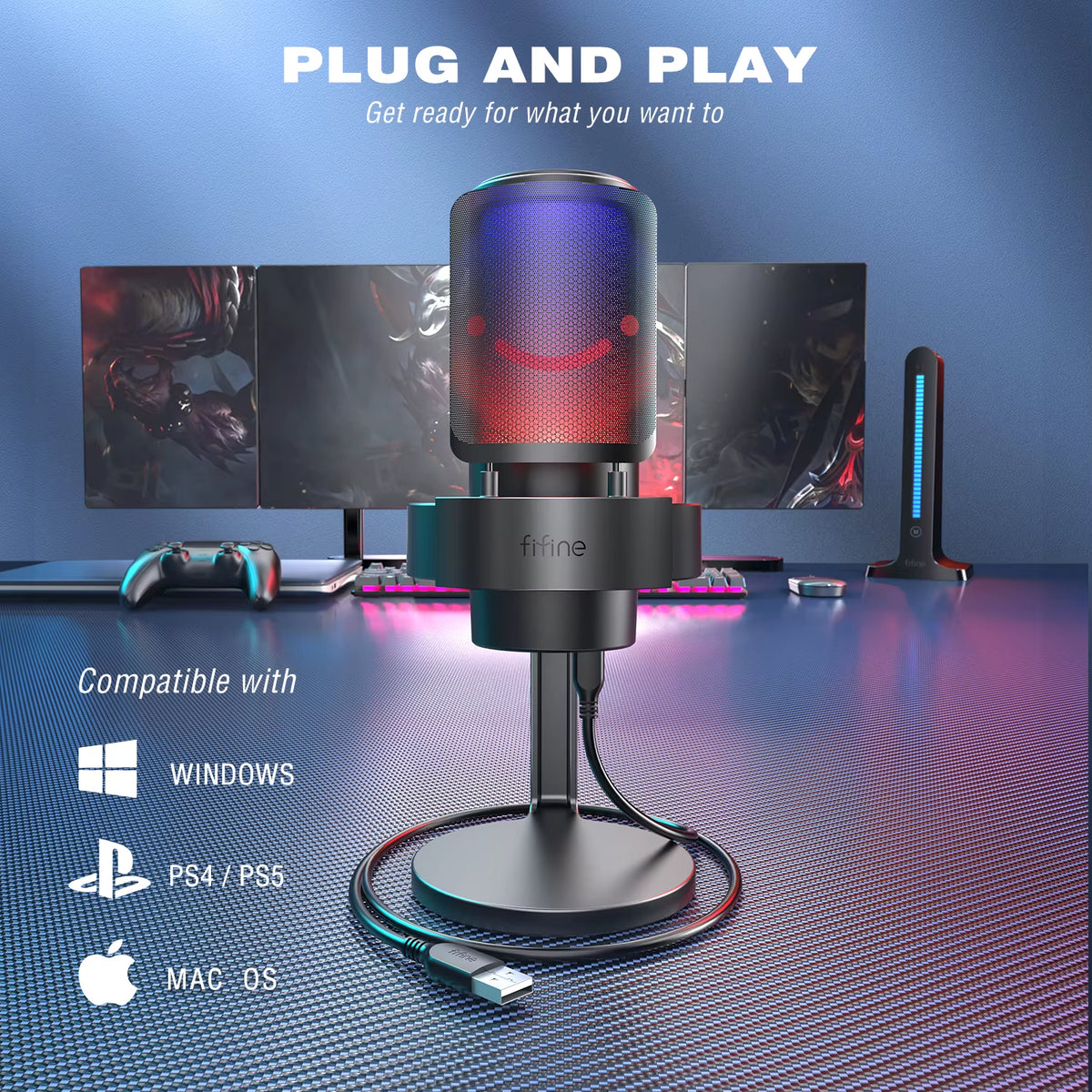 FIFINE A8 USB Microphone for Professional Recording and Streaming on PC and Mac with Headphone Output, Touch-Mute Button, and 3 RGB Lighting Modes