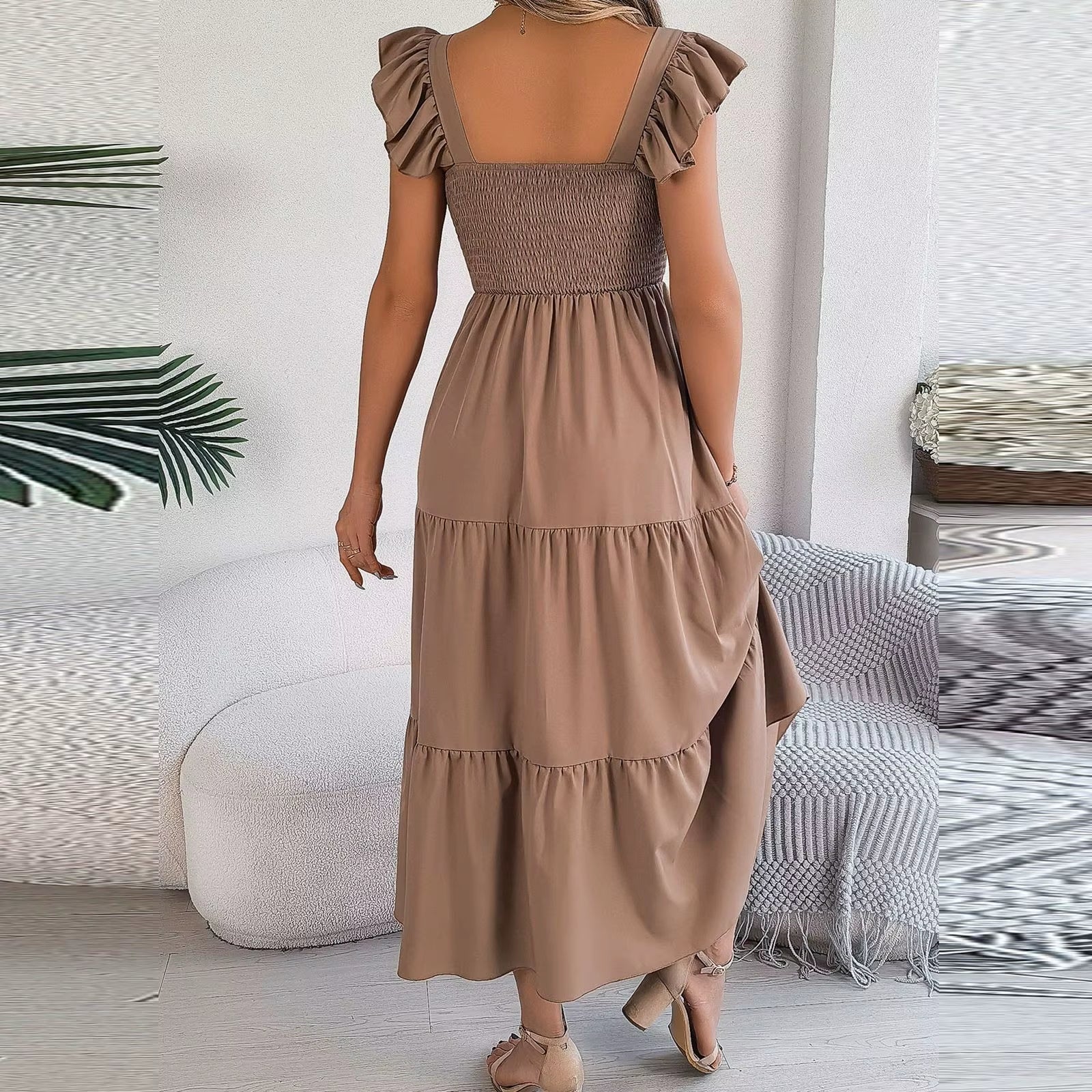 2024 Summer Solid Tank Long Dress for Women Square Collar Sleeveless A-Line Maxi Dress Backless Slim Waist Pleated Beach Dresses