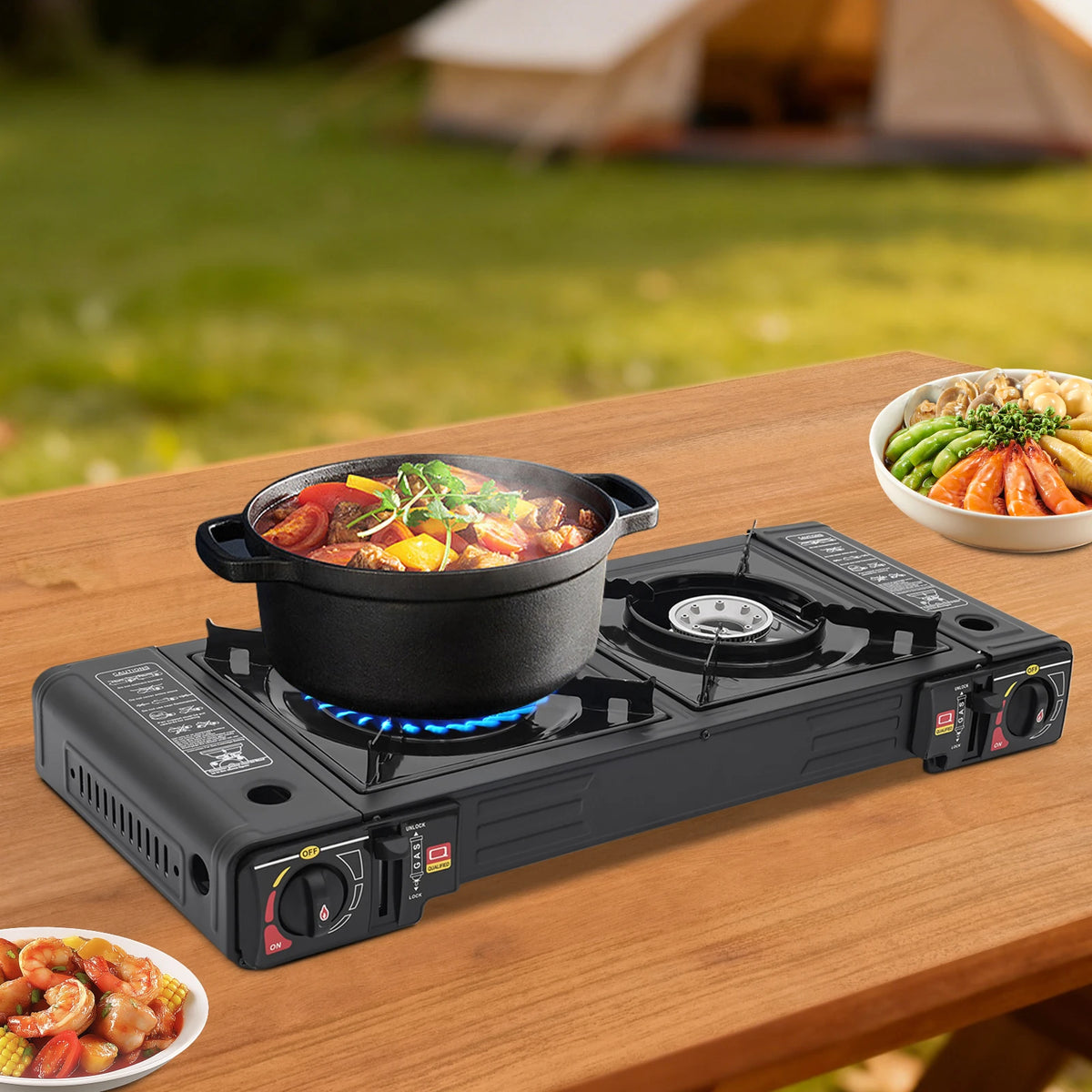 Portable Dual Burner Gas Stove with Piezo Ignition and Carrying Case - 2x2500W High Power LPG/Butane for Camping, Picnics, and Parties