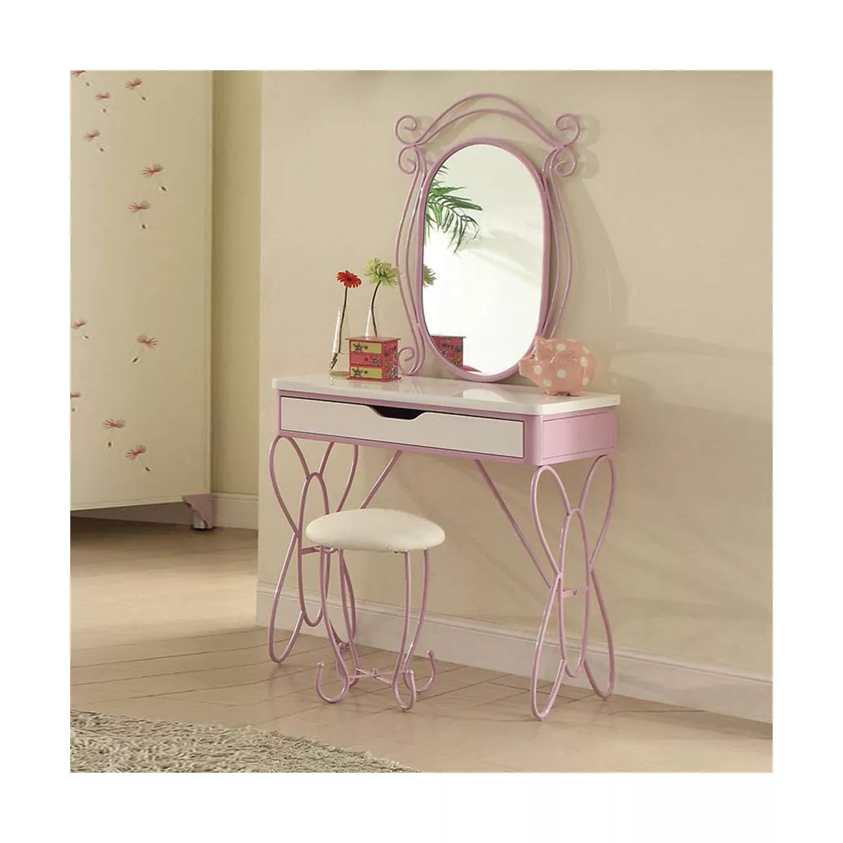 Vanity Set White Purple - Butterfly-Shaped Desk with Stool & Storage Drawer