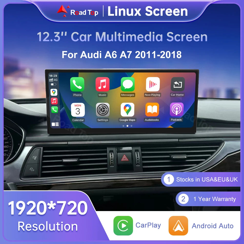 12.3" Linux Multimedia Display for Audi A6 C6 and A7 C7 (2011-2018) with Wireless CarPlay, Android Auto, and AirPlay Integration
