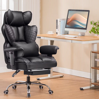 Ergonomic High-Back Leather Office Chair with Footrest and Adjustable Armrests