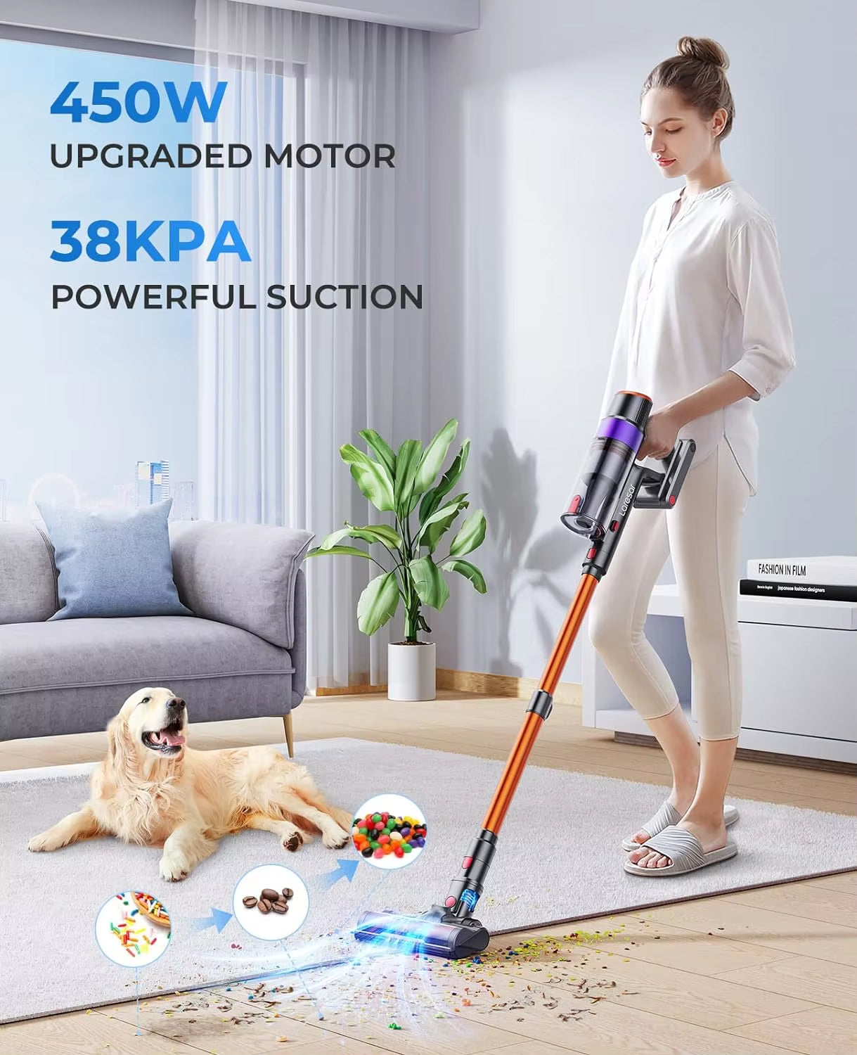 Elite 8 Cordless Vacuum Cleaner Handheld Home Appliance 450W Powerful Smart Home Touch Screen 55 Mins Detachable Battery