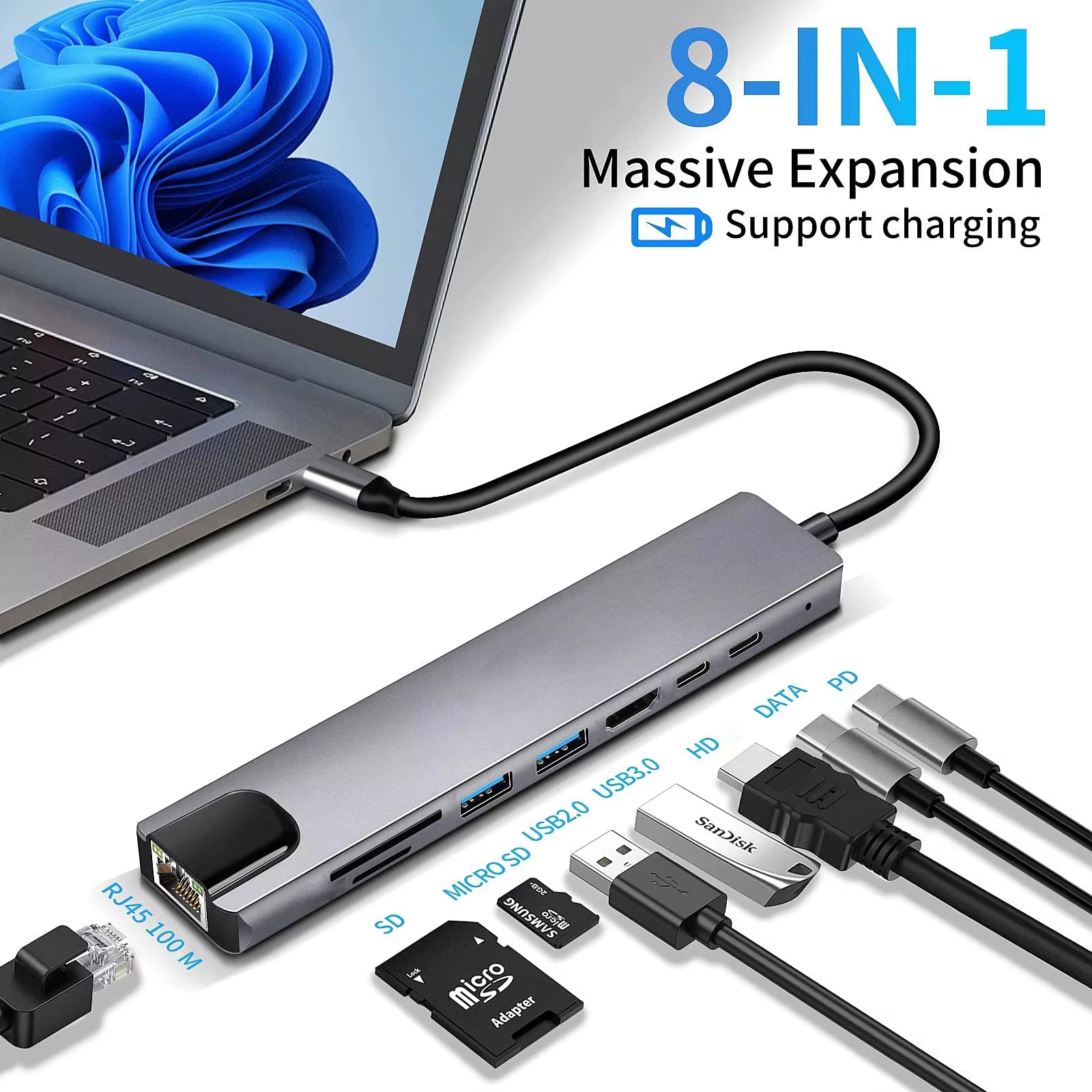 8 in 1 USB C Hub Type C to 4K HDTV Adapter with RJ45 SD/TF Card Reader Fast Charger for Macbook Notebook Windows Laptop Computer