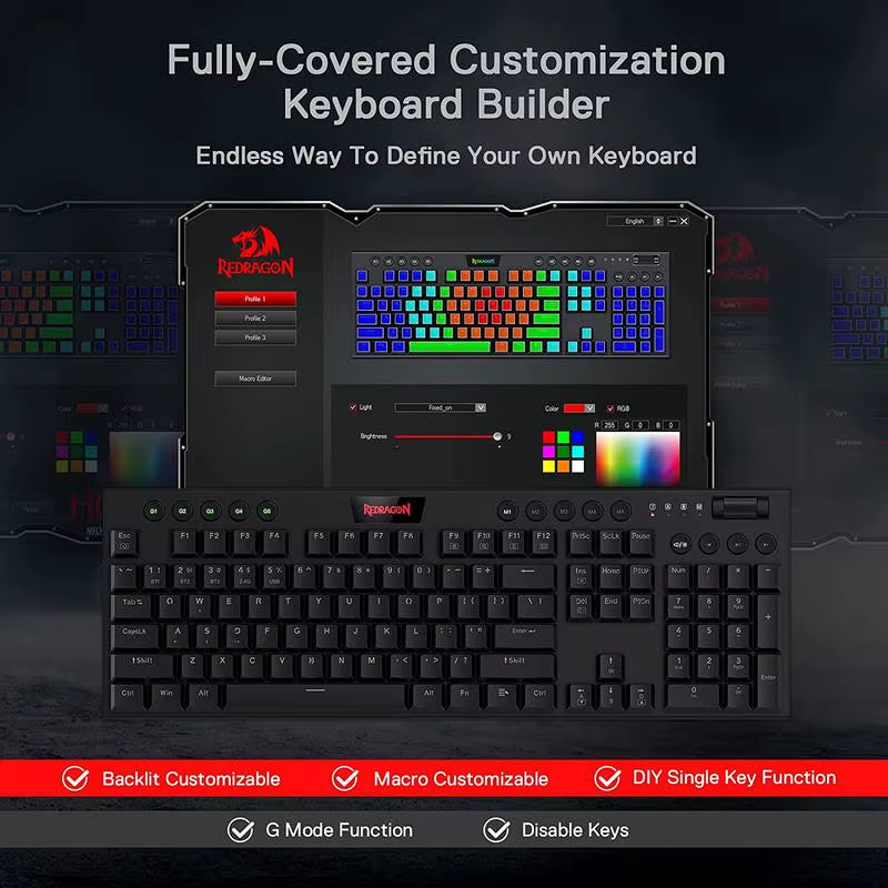Redragon K618 Horus Wireless RGB Mechanical Keyboard, Bluetooth/2.4Ghz/Wired Tri-Mode Low Profile Gaming Keyboards