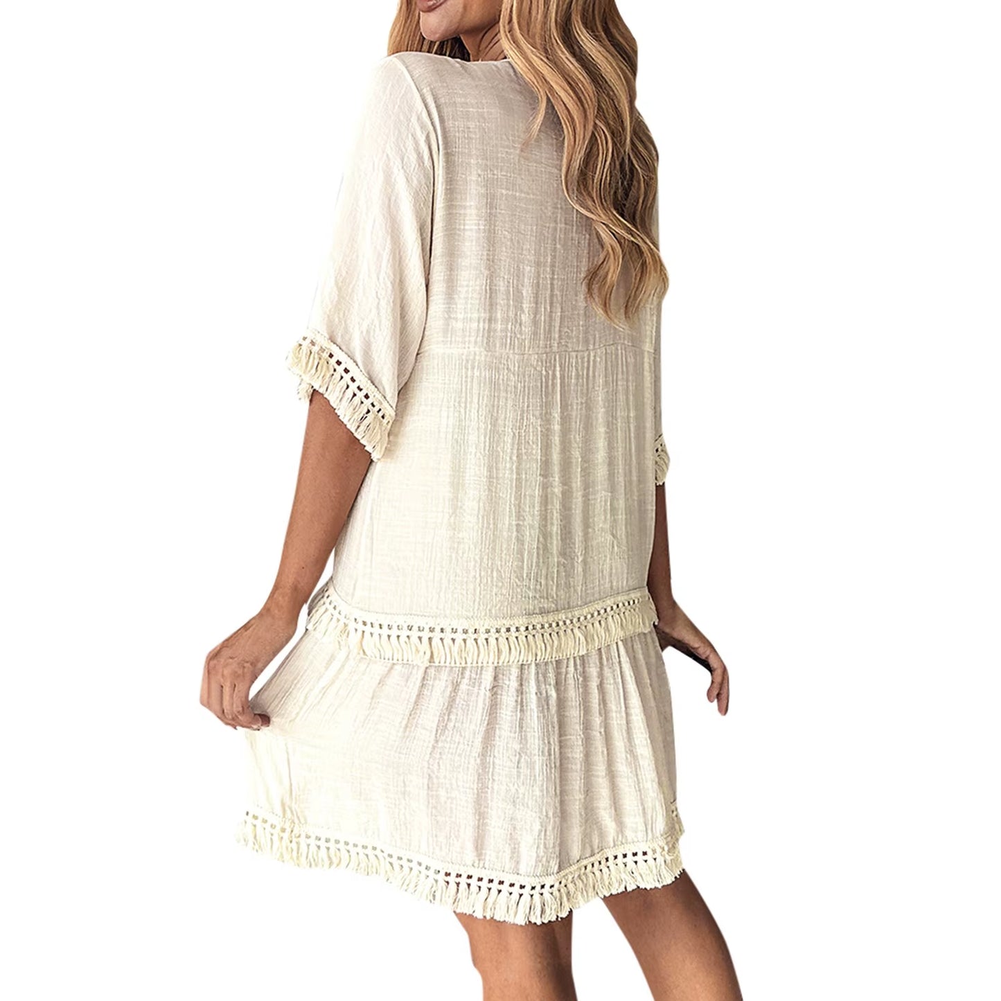 Boho Dress for Women'S Casual Elegant Embroidered V Neck Casual Dresses with Tassle Loose Comfortable Stylish Wrap Maxi Vestidos