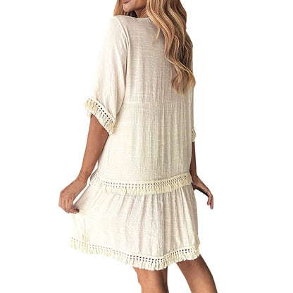Boho Dress for Women'S Casual Elegant Embroidered V Neck Casual Dresses with Tassle Loose Comfortable Stylish Wrap Maxi Vestidos