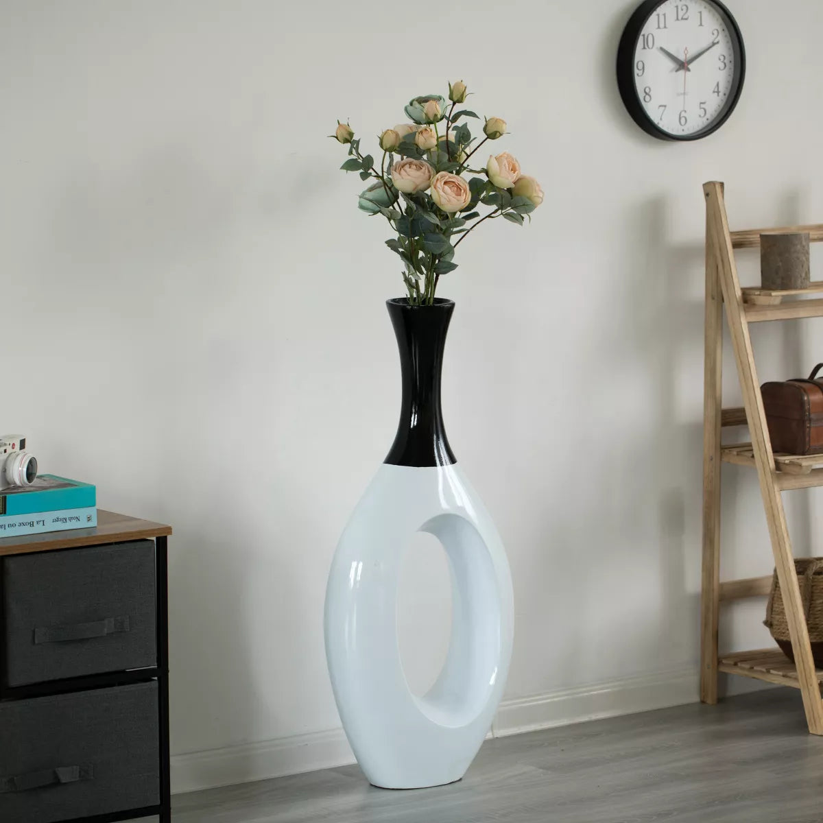 Decorative 36-Inch White Ceramic Floor Vase with Black Neck for Modern Home Decor in Living Room, Entryway, and Dining Room