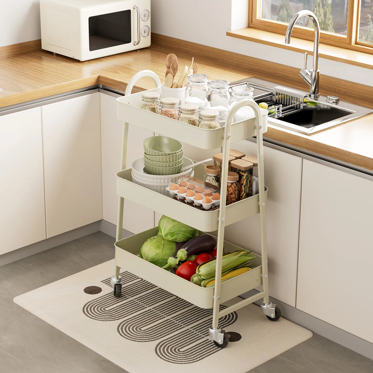 JHK 3-Tier Metal Kitchen Storage Cart with Lockable Wheels - Mobile Shelving Unit for Narrow Spaces and Utility Organization