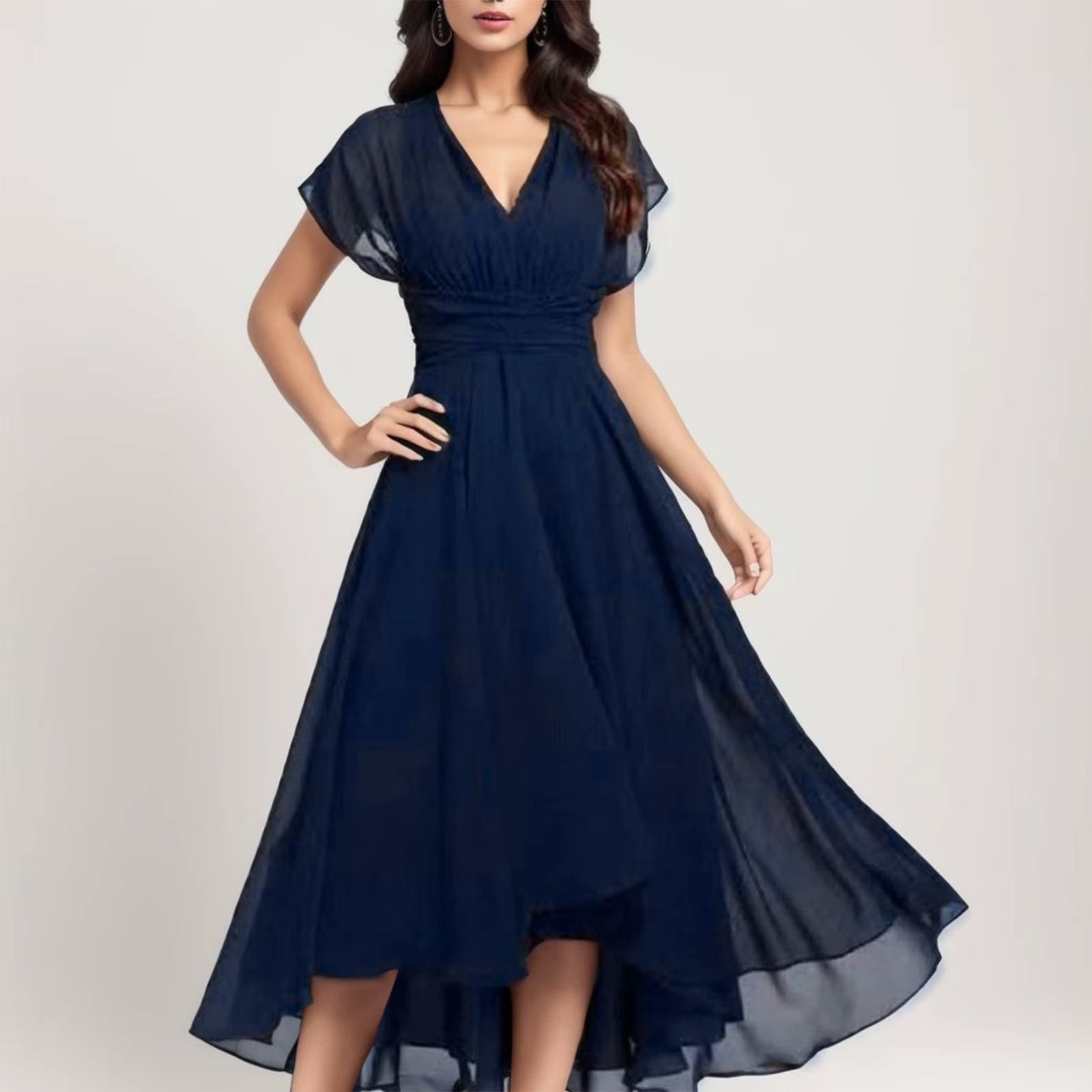 Womens Dresses Wedding Party Bridesmaid Elegant V Neck Chiffon Dress Slim High Waist Flutter Sheer Mesh Sleeve Long Dresses