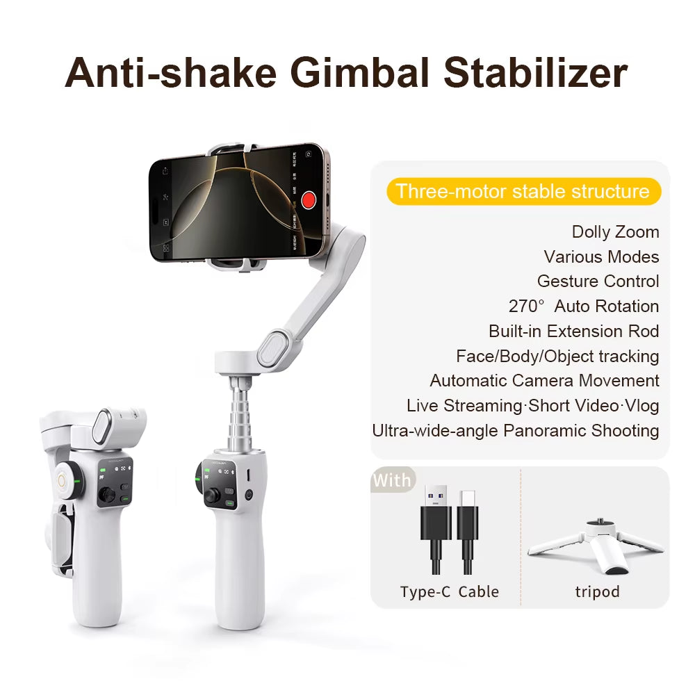 AOCHUAN Smart V8 3-Axis Handheld Gimbal Phone Stabilizer with Extension Rod Tripod Face Tracking for Iphone Android Tiktok Vlog