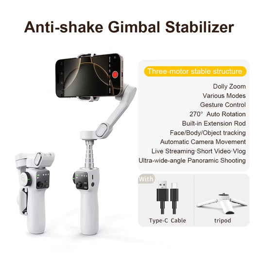AOCHUAN Smart V8 3-Axis Handheld Gimbal Phone Stabilizer with Extension Rod Tripod Face Tracking for Iphone Android Tiktok Vlog