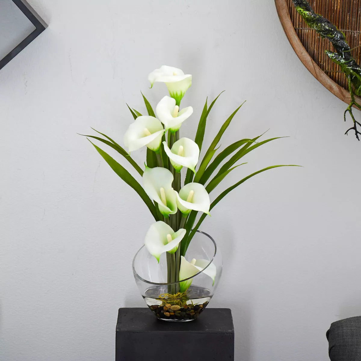 15.5" x 9.5" Artificial Calla Lily and Grass Plant Arrangement in Vase 