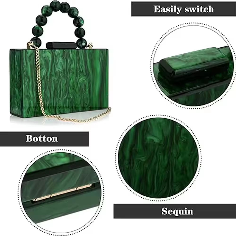 Women'S Wallet and Handbag Beach Flap Wedding Party Crossbody Bag Pearl Marble Dark Green Acrylic Pvc Evening Bag