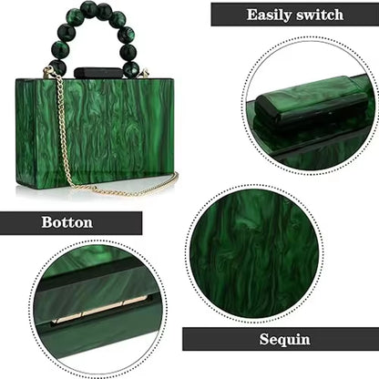 Women'S Wallet and Handbag Beach Flap Wedding Party Crossbody Bag Pearl Marble Dark Green Acrylic Pvc Evening Bag