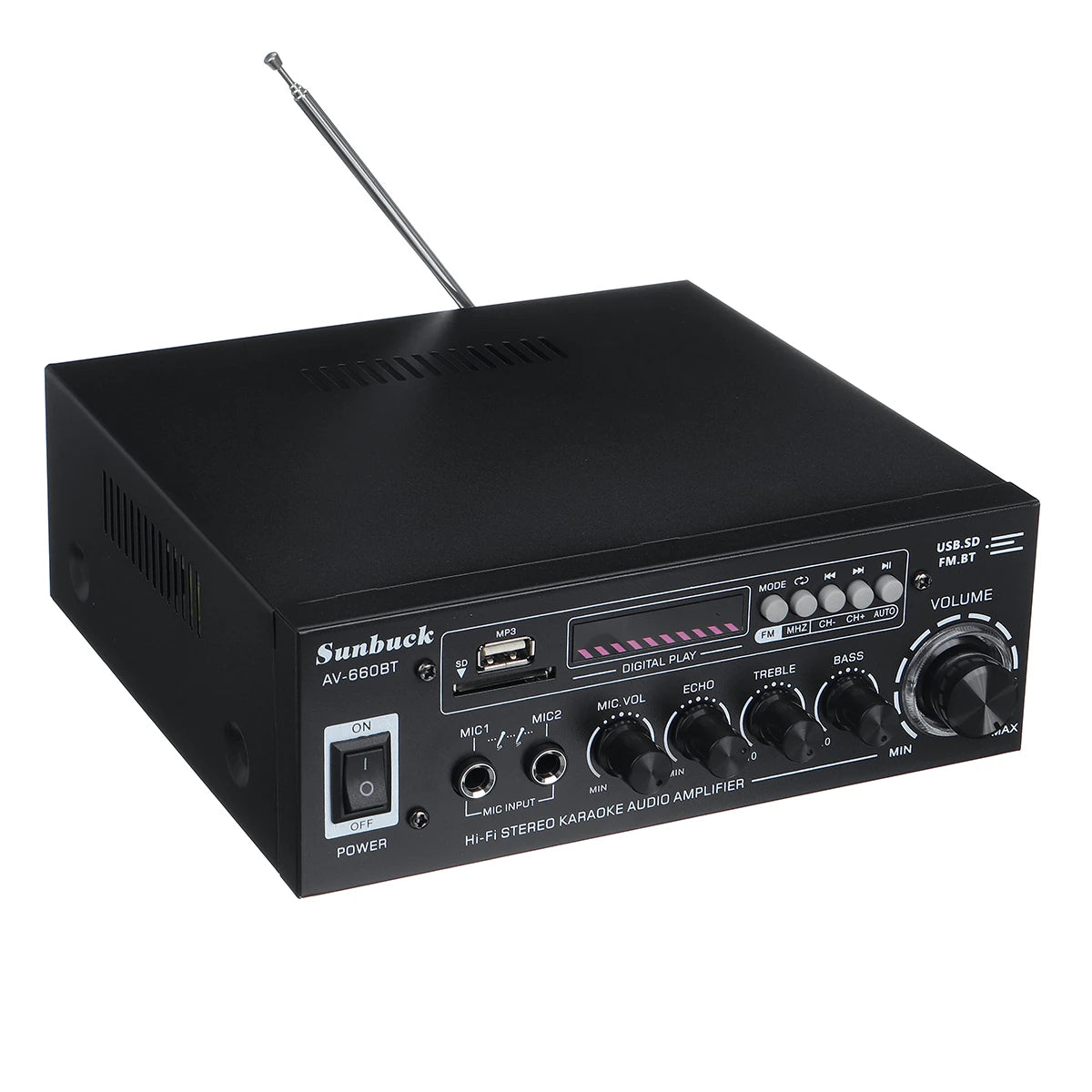 Sunbuck AV-660BT 2000W Bluetooth 5.0 Audio Power Amplifier EQ Stereo AMP Car Home 2CH AUX USB FM Radio