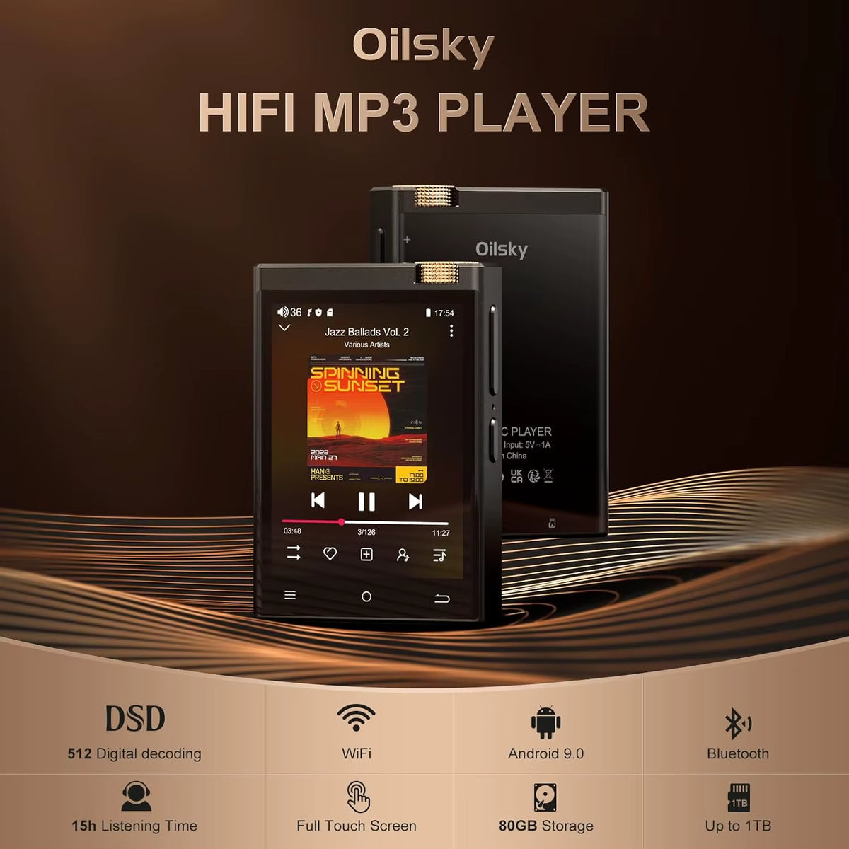 16GB/80GB Hi-Fi MP3 Player with Bluetooth and Wi-Fi, Oilsky Lossless DSD High-Resolution Digital Audio, Expandable Up to 1TB