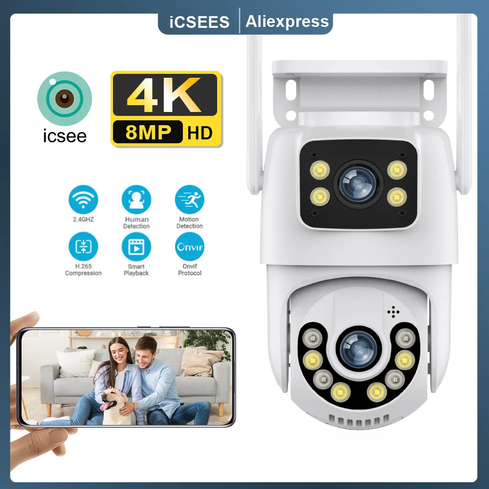 8MP 4K PTZ Wifi Camera Dual Lens Wireless Outdoor Surveillance Camera Ai Human Detect Security IP Camera Auto Tracking Icsee App
