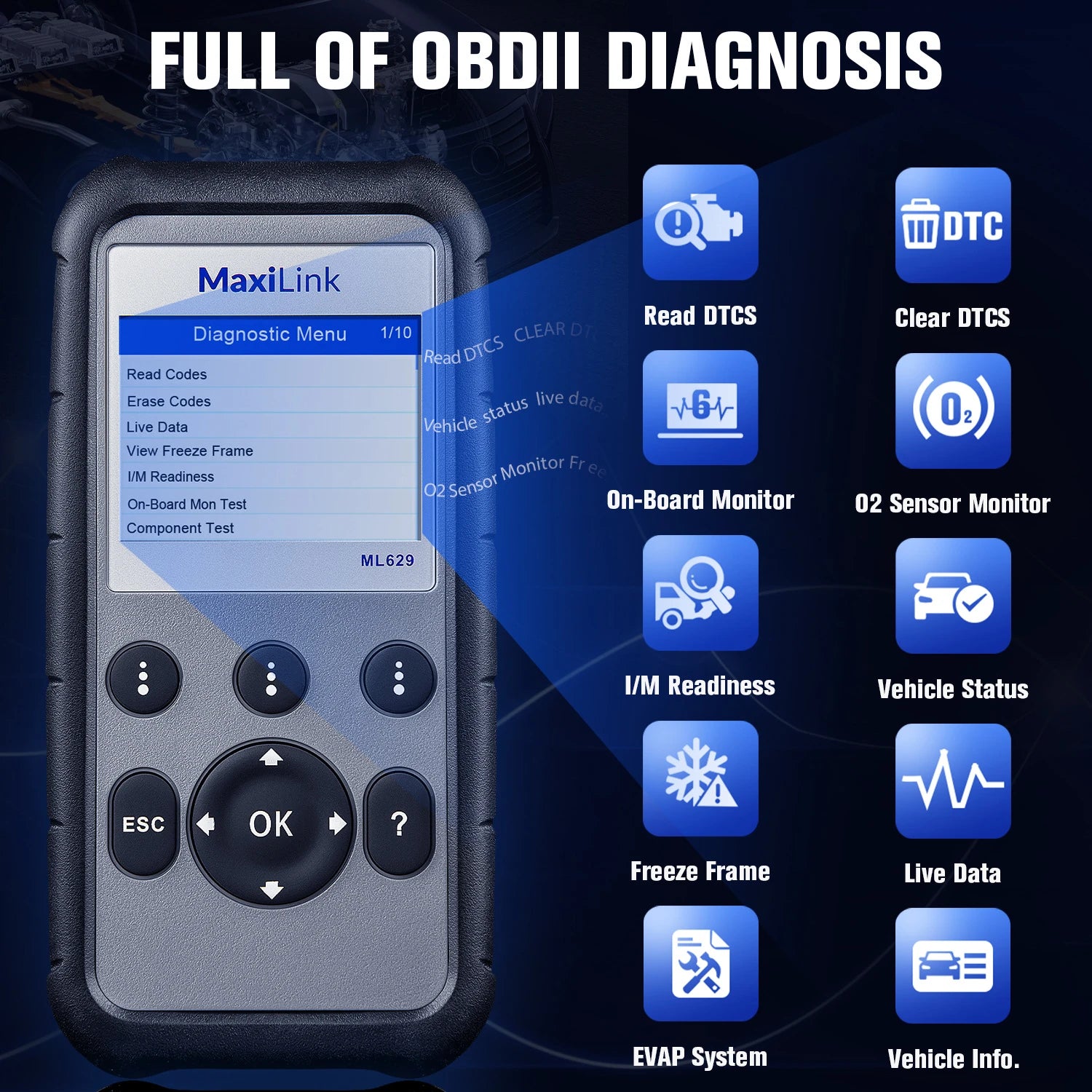  Maxilink ML629 Enhanced CAN OBD2 Scanner with ABS SRS Transmission Engine Diagnosis Auto VIN Scan Tool Check Engine Light