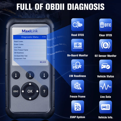  Maxilink ML629 Enhanced CAN OBD2 Scanner with ABS SRS Transmission Engine Diagnosis Auto VIN Scan Tool Check Engine Light