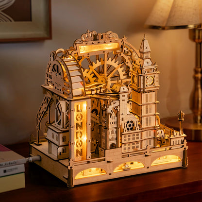 Robotime 3D Wooden Puzzle Marble Run Building Kit - London City Model with Lighting, Mechanical DIY Landmark Puzzle for Adults and Teens