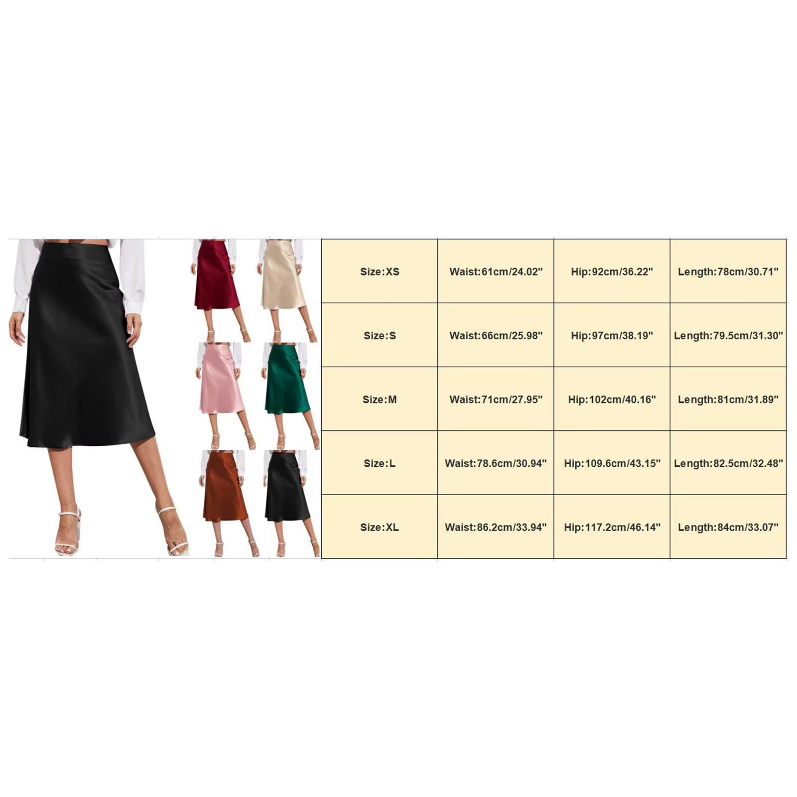 Aesthetic Satin A-Line Skirt Women'S Bright Face High Waist Solid Color Side Split Skirt with Zipper Knee Length Office Wear