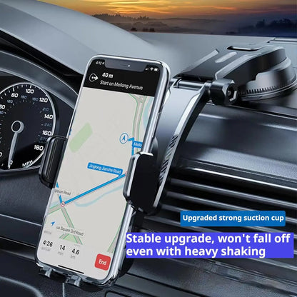 Adjustable Car Dashboard Cell Phone Holder with Telescopic Arm, Side Grips, and 360-Degree Swivel Suction Cup Mount