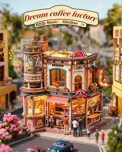ROKR Wooden 3D Puzzle Dream Coffee Factory Music Box Model Kit - 593-Piece DIY Miniature House with LED Light - Unique Home Decor Gift for Adults and Women