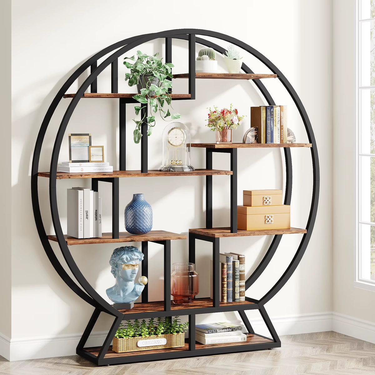Tribesigns 63-Inch Industrial Wood Bookcase with Staggered Shelves and Round Design