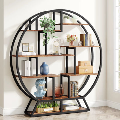 Tribesigns 63-Inch Industrial Wood Bookcase with Staggered Shelves and Round Design