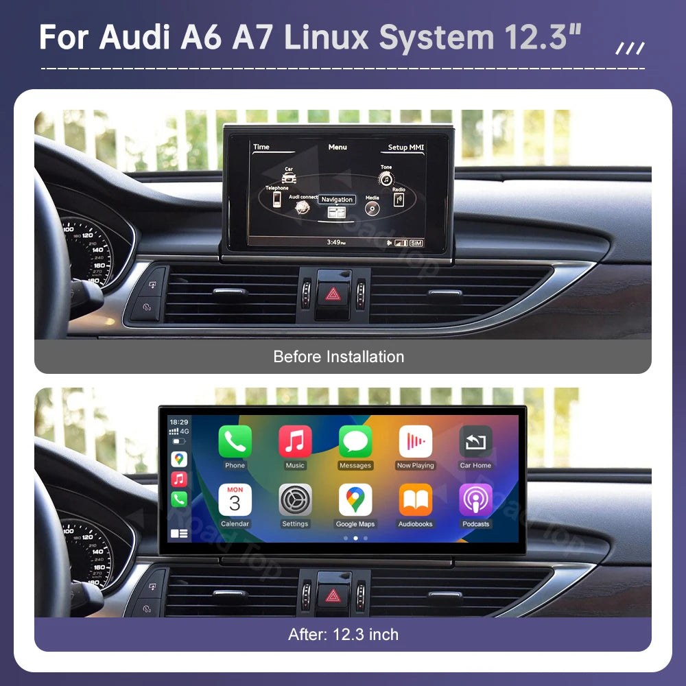 12.3" Linux Multimedia Display for Audi A6 C6 and A7 C7 (2011-2018) with Wireless CarPlay, Android Auto, and AirPlay Integration