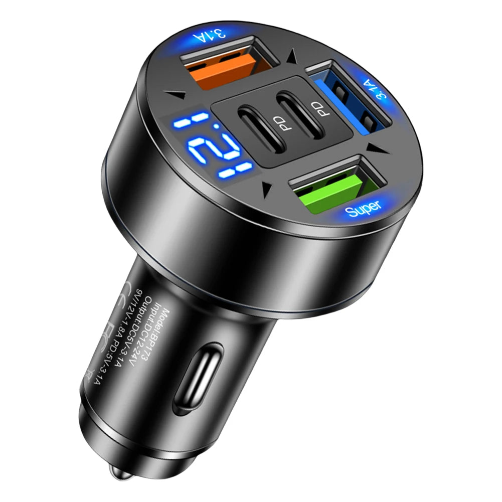 100W 5-Port Car Charger with Voltage Regulation - 12V-24V Cigarette Lighter Plug Adapter for Compatibility with Most Vehicle Models