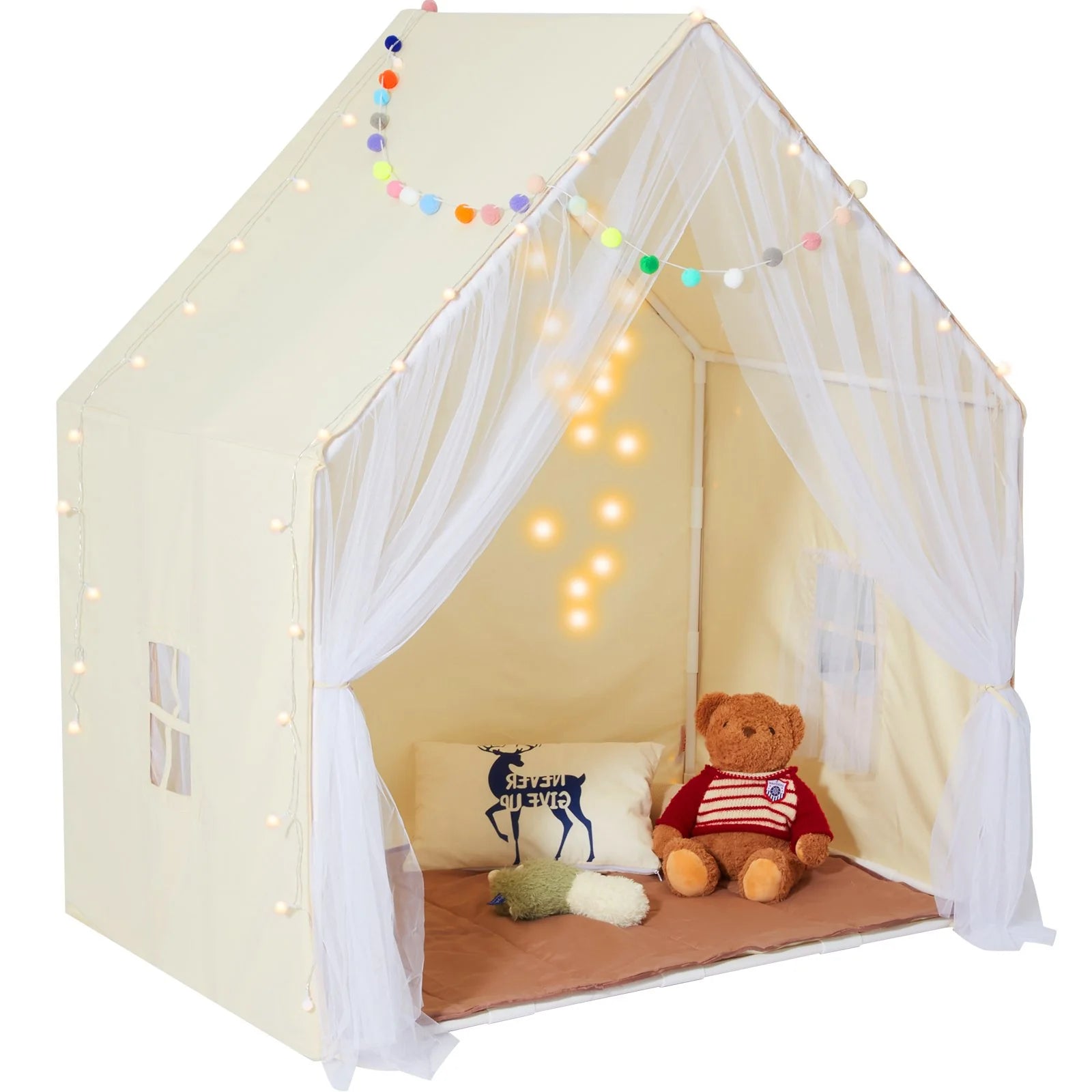  Kids Play Tent, Kids Tent for Kids 1-5 Years Old, Toddler Tent with Mat and Tent Lamp, Beige