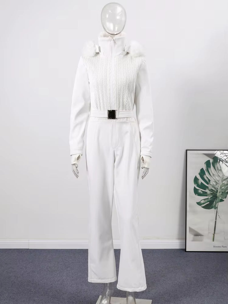 Casual Fur Collar Hooded Ski Suit Women'S Slim Belted Zipper Coat Straight Pant Jumpsuits 2025 New Winter Ladies Solid Outwear