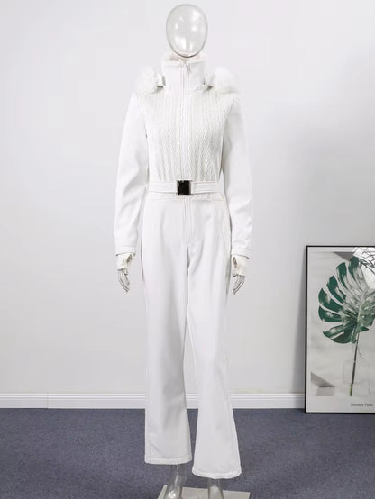 Casual Fur Collar Hooded Ski Suit Women'S Slim Belted Zipper Coat Straight Pant Jumpsuits 2025 New Winter Ladies Solid Outwear