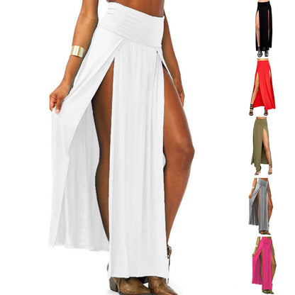Sexy High Split Long Skirts for Women Summer Casual Two Side Slit Beach Skirt Solid Color High Waist A-Line Skirts Faldas