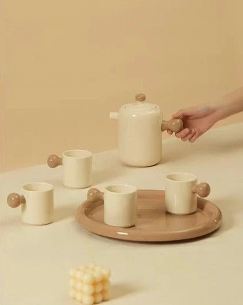 Cute Whimsical Dopamine Bauhaus Tea Pot & Tea Cups Set of 8 Pcs - Handmade Ceramic Teaset Gift Box